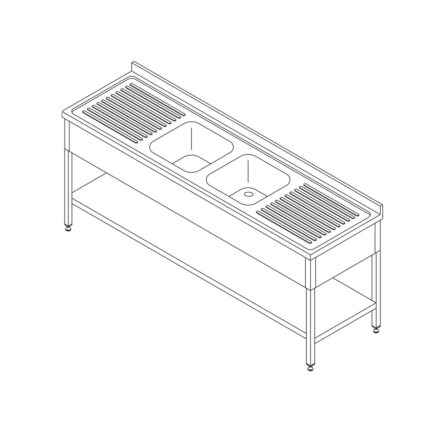 Dishwasher Table - 190 x 70cm - with 2 Sinks and Backsplash - incl Storage Shelf