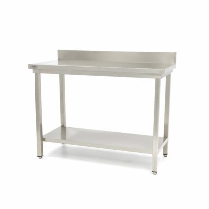 Stainless Steel Table - 100 x 60cm - Adjustable Height - with Backsplash and Storage Shelf