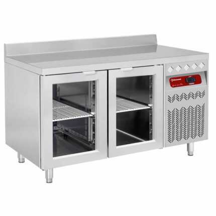 Wall ventilated refrigerated table, 2 glass doors GN 1/1, 260 liters