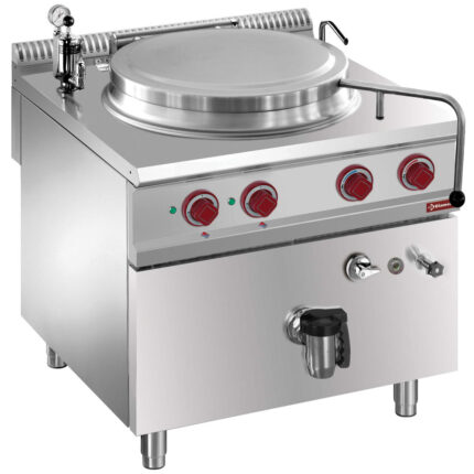 Electric boiling pan, 100-liter tank, indirect heating, on cupboard