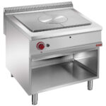 Solid top gas stove, open cupboard