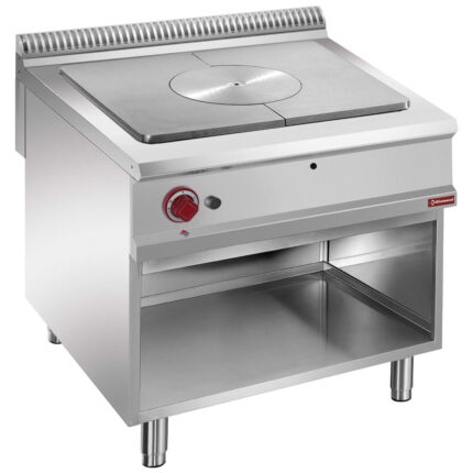 Solid top gas stove, open cupboard
