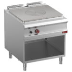 Solid top gas stove, open cupboard