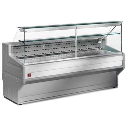 Refrigerated display counter with straight glass panel 90°, with reserve