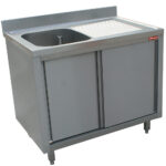 Sink 1 tank 600x500xh275, right draining board on cupboard 2 sliding doors
