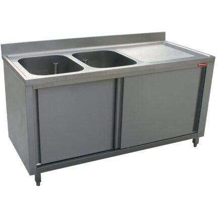 Sink 2 tanks 400x500xh275, right draining board on cupboard with 2 sliding doors