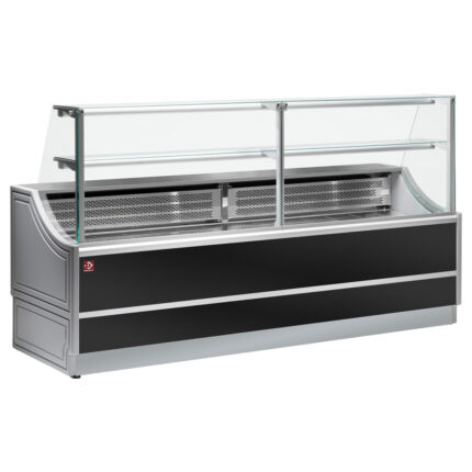 Refrigerated glass display staight panel 90°, with storeroom