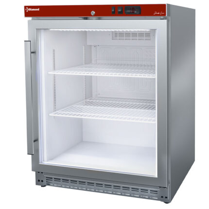Ventilated refrigerator, glass door, 150 liters. stainless steel