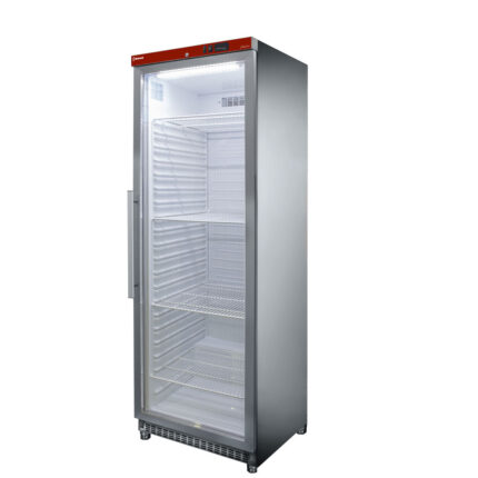 Ventilated refrigerator, glass door, 400 liters. stainless steel