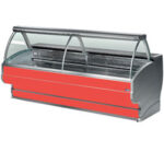 Refrigerated display counter curved glass, ventilated, with reserve + wheels