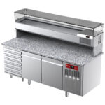Ventilated refrigerated table for pizza with 2 doors and 7 drawers and refrigerated showcase 2000x380x410 with granite worktop.