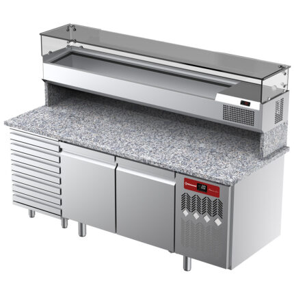 Ventilated refrigerated table for pizza with 2 doors and 7 drawers and refrigerated showcase 2000x380x410 with granite worktop.