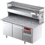 Ventilated refrigerated table for pizza with 2 doors and refrigerated showcase 1600x380x410 with granite worktop.