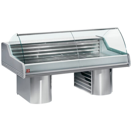 Refrigerated display counter with curved glass, on bases