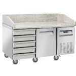 Refrigerated pizza table, 1 door EN 600x400, 5 neutral drawers EN 600x400, on wheels, 2 with brakes