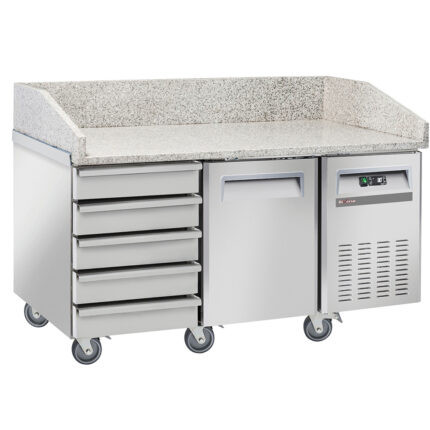 Refrigerated pizza table, 1 door EN 600x400, 5 neutral drawers EN 600x400, on wheels, 2 with brakes