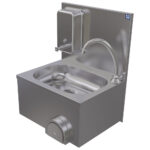 Wall-mounted handwash basin knee operated with soap dispenser