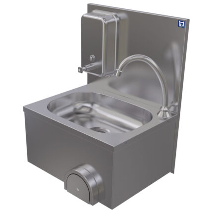Wall-mounted handwash basin knee operated with soap dispenser