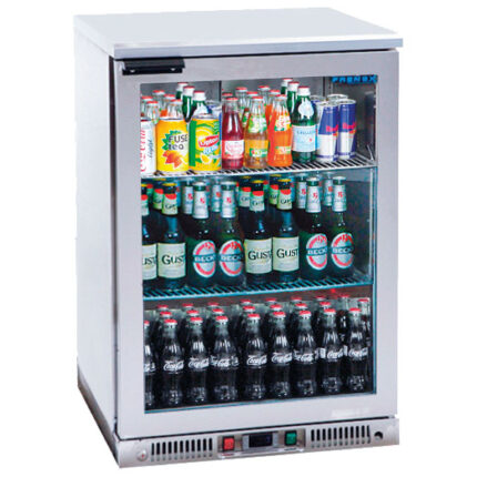 Undercounter refrigerator in stainless steel with 1 hinged glass door, 110 litres, +2°/+12°C