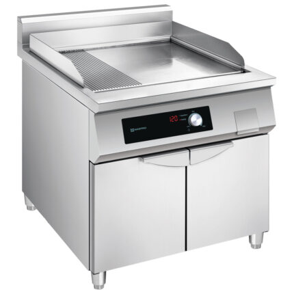 Induction griddle with 1/3 grooved plate and 2/3 smooth on closed cabinet
