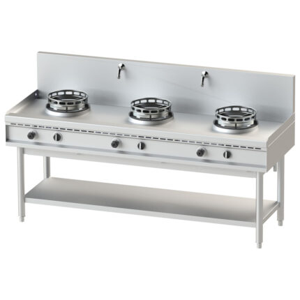 gas wok hob with shelf, 3 burners, 2 water taps