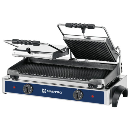 Contact grill with 2 cast iron plates, grooved/grooved, 550x245 mm