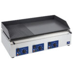 Electric griddle plate with 3 grill zones, tabletop, 2/3 smooth and 1/3 grooved plate