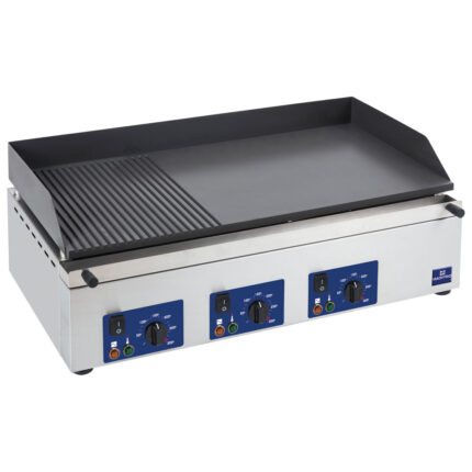 Electric griddle plate with 3 grill zones, tabletop, 2/3 smooth and 1/3 grooved plate