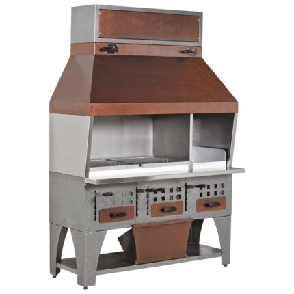 Charcoal grill on cupboard with charcoal drawers and exhaust, 3 zones total 1530x530 mm
