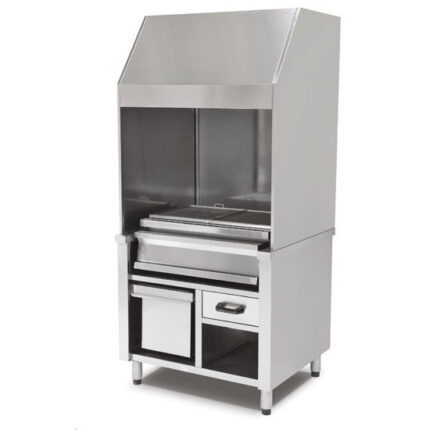 Charcoal grill on cupboard with charcoal drawer and exhaust, 2 zones total 1200x600 mm