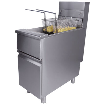 Gas fryer with 1 bowl of 21 litres on closed cabinet with door