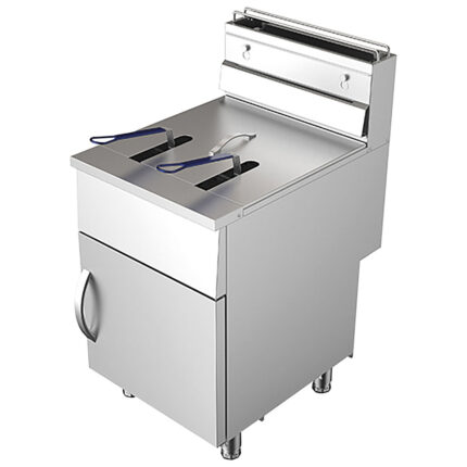 Gas fryer with 1 bowl of 45 litres on closed cabinet with door