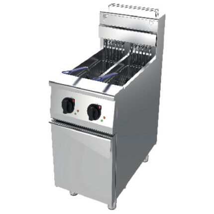 Electric fryer with 2 bowls each 12,5 litres on closed cabinet with door