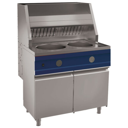 Gas fryer 2x 13 litres on closed cabinet with doors