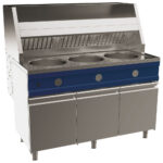 Gas fryer 3x 13 litres on closed cabinet with doors