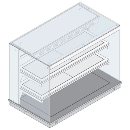 Heated static square display with 2 shelves on heated top plate, open on customers side, 2x GN 1/1