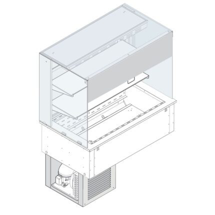 Refrigerated square display 2 levels on ventilated tank, cooling unit, customers side curtain, 5x GN 1/1