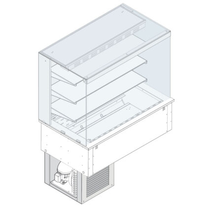 Refrigerated square display 3 levels on ventilated tank, cooling unit, customers side closed, 3x GN 1/1