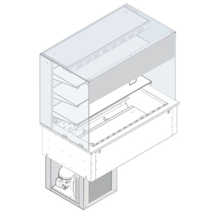 Refrigerated square display 3 levels on ventilated tank, cooling unit, customers side curtain, 5x GN 1/1