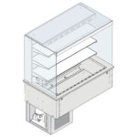 Refrigerated square wall display 3 levels on refrigerated ventilated tank, cooling unit, 4x GN 1/1