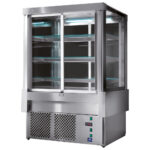 Hot display counter with 4 sliding doors and 3 shelves, ventilated, +65°C, w=1222 mm - RAL9005