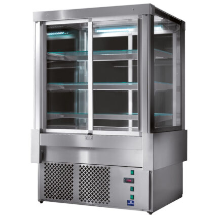 Hot display counter with 4 sliding doors and 3 shelves, ventilated, +65°C, w=1222 mm - RAL9005