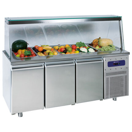 Saladette with 3 doors GN 1/1 and glass structure, 5x GN 1/1 h=150 mm, -2°/+8°C