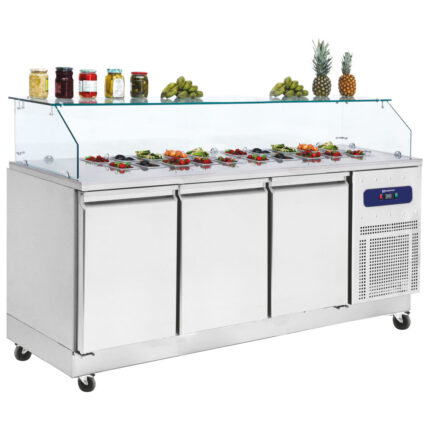 Refrigerated preparation counter 3 doors GN 1/1 with glass structure, 8x GN 1/6 h=100 mm, -2°/+8°C
