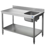 Work table with sink on the right, with shelf and upstand, 1600x600 mm
