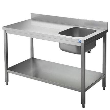 Work table with sink on the right, with shelf and upstand, 1900x700 mm