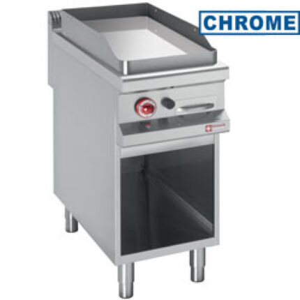 Smooth gas fry top, chromium-plated, open cupboard