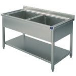 Sink unit, 2 sinks, on legs, with lower shelf, 1200x600 mm