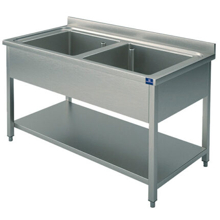 Sink unit, 2 sinks, on legs, with lower shelf, 1200x600 mm