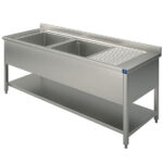Sink unit, 2 sinks, draining board on the right, on legs, with lower shelf, 1800x700 mm
